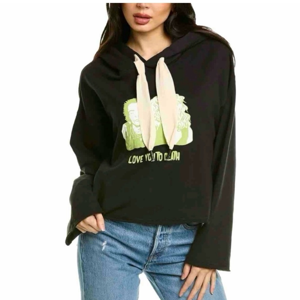 Sandrine Rose X Free PeopleBlack Crop Hoodie with Relaxed Fit and Graphic Design